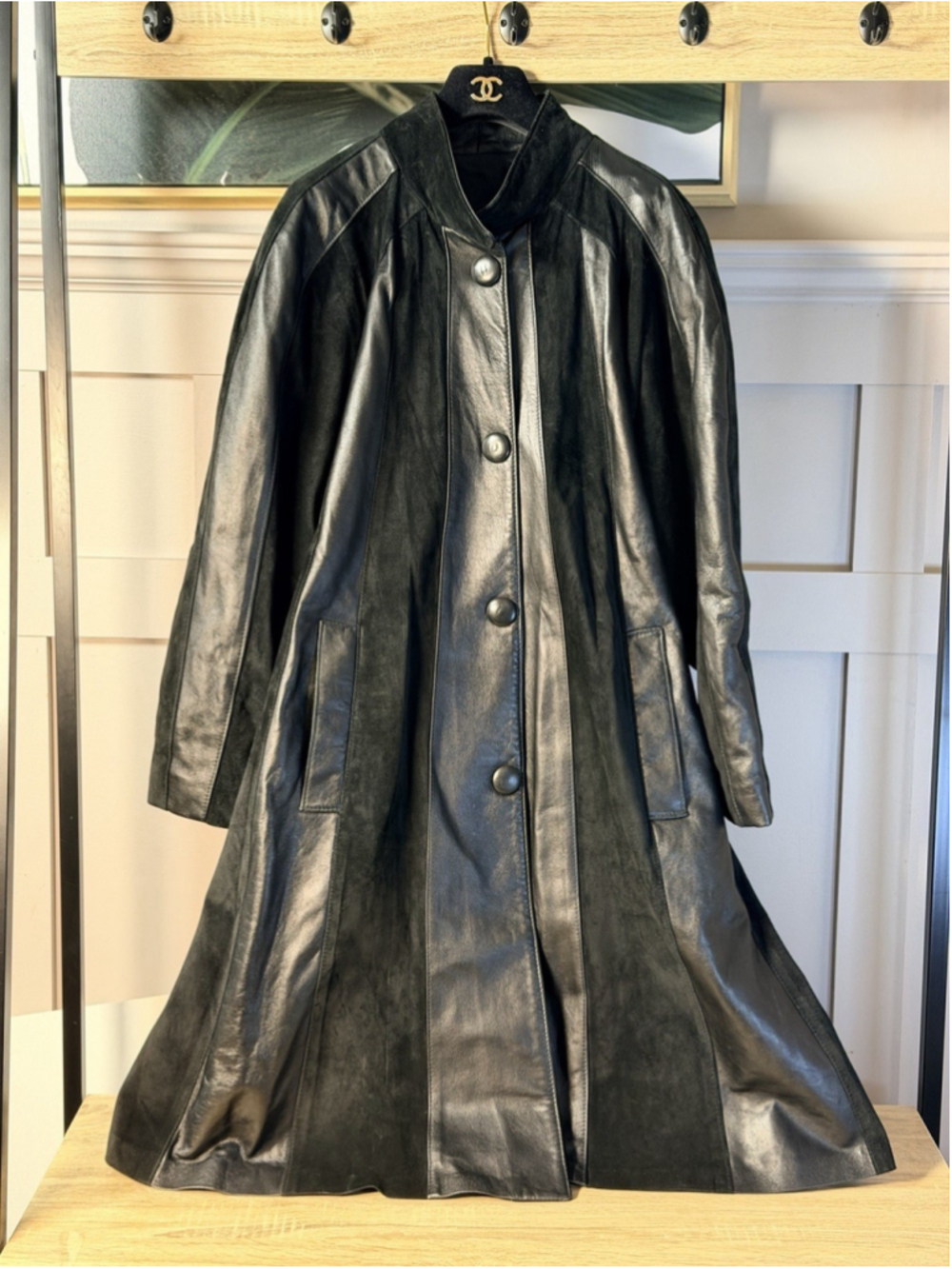 Fur Town Black Genuine Soft Leather With Suede Stripe Women's Coat size L - Picture 14 of 14